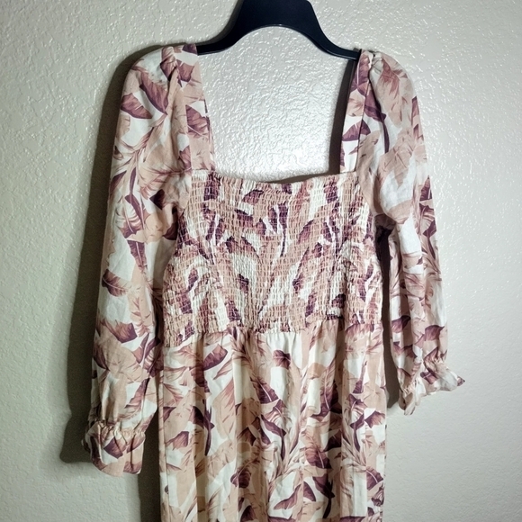 House of Harlow 1960 Palm Leaf Smocked Linen Blend Midi Dress sz L - Picture 8 of 10
